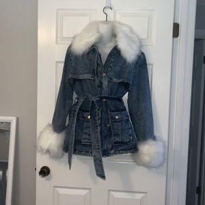 Denim Jacket with white faux fur trim. Size Large